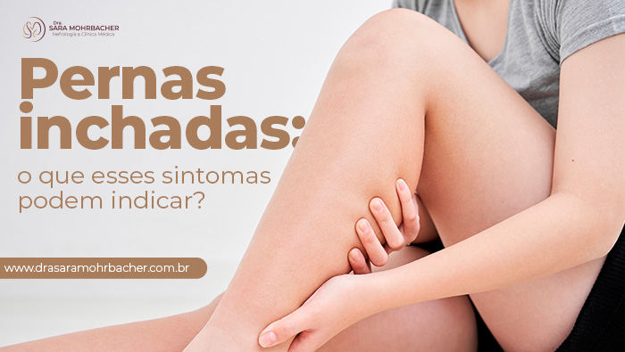 Pessoa sentada segurando a perna com as duas mãos, indicando possível dor ou inchaço na região da panturrilha.