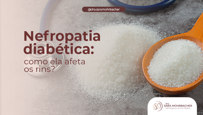 Pessoa segura um estetoscópio ao lado de um monte de açúcar, simbolizando a relação entre diabetes e saúde dos rins.