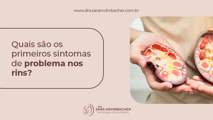 Quais são os primeiros sintomas de problema nos rins? 1 Mãos segurando dois modelos anatômicos de rins humanos, com vasos e estruturas internas visíveis, representando saúde renal.