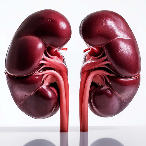 Ilustração médica de dois rins humanos em corte, destacando vasos sanguíneos e estruturas internas em visão anatômica detalhada.