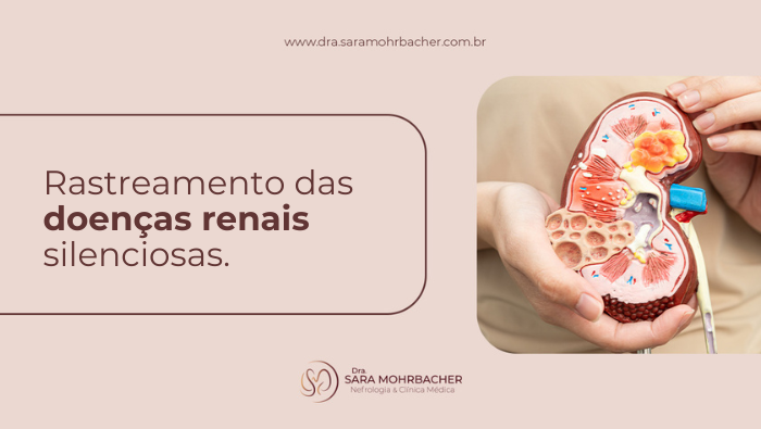 Rastreamento das doenças renais silenciosas. 1 Modelo anatômico de rim sendo segurado pelas mãos, destacando estruturas internas e alterações renais.