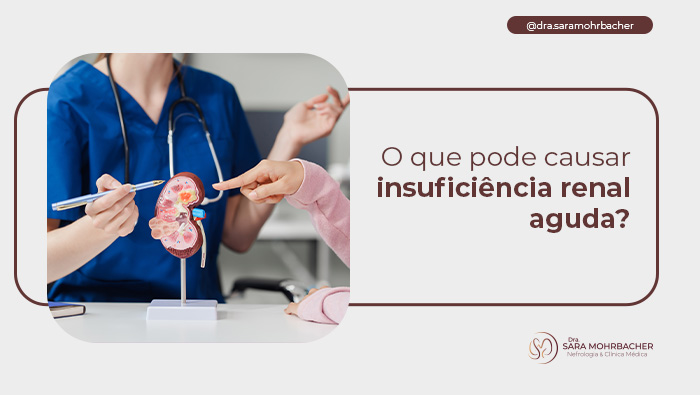 O que pode causar insuficiência renal aguda? 1 Profissional de saúde com estetoscópio apontando para um modelo anatômico de rim, enquanto uma pessoa aponta para a mesma estrutura durante uma consulta.